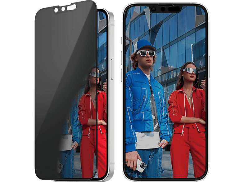 Deux téléphones, un avec protecteur d'écran. Deux personnes en tenues rouges s'y reflètent.