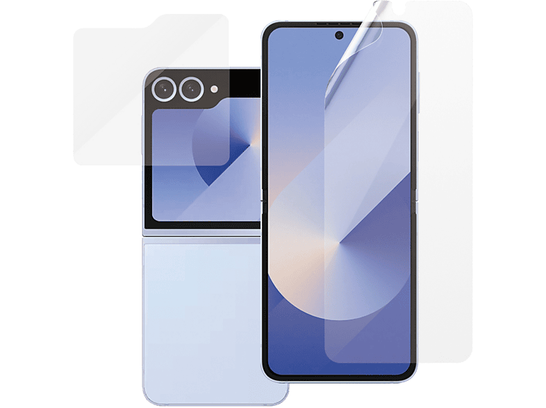 Un smartphone bleu avec des protecteurs d'écran et un module caméra.