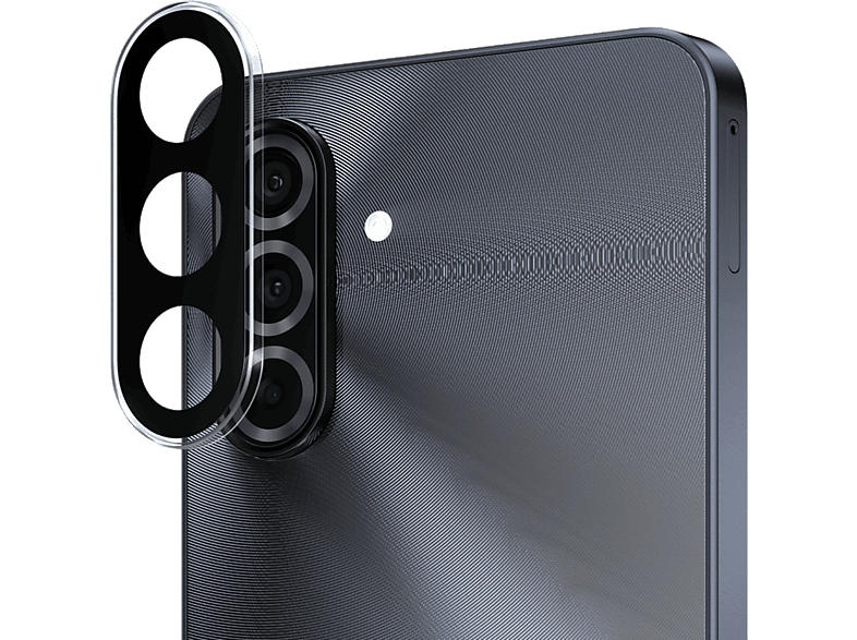 Gros plan du module de caméra arrière d'un téléphone avec trois lentilles et un flash, sur surface sombre.