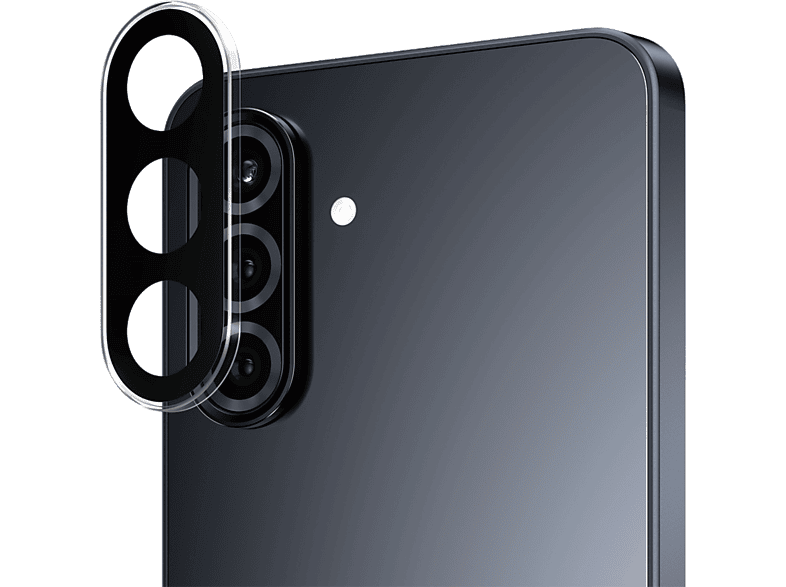 Téléphone noir avec protecteur d'objectif de caméra installé, montrant trois lentilles.