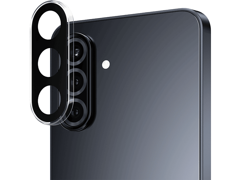 Smartphone noir avec protecteur d'objectif. Trois objectifs. Fond noir. Protecteur transparent.
