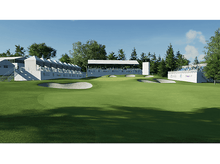 Charger l'image dans la galerie, Un parcours de golf avec de l'herbe verte, des pièges de sable et des tribunes, sous un ciel bleu.