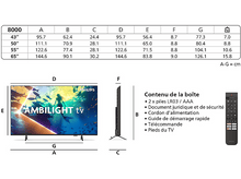 Charger l'image dans la galerie, Un diagramme montrant les dimensions et les spécifications d'un téléviseur Philips Ambilight.