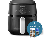 Charger l'image dans la galerie, Un Airfryer Philips noir avec affichage numérique, poignée argentée et logo de l'application HomeID avec code QR.