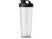 Charger l'image dans la galerie, Shaker transparent avec couvercle et poignée noirs. Mesures en ml visibles sur le côté.