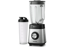 Charger l'image dans la galerie, Un blender Philips argenté et noir avec une carafe transparente et un shaker, sur fond blanc.