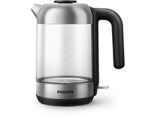 Charger l'image dans la galerie, Bouilloire électrique en verre avec des accents argentés, une poignée noire et des repères de niveau d'eau.