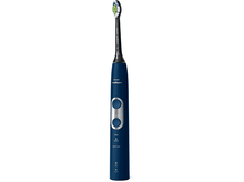 Charger l'image dans la galerie, Brosse à dents électrique Philips Sonicare. Manche bleu, tête noire et deux boutons.