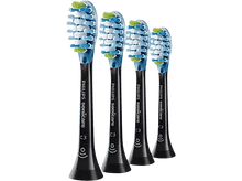 Charger l'image dans la galerie, Quatre têtes de brosse à dents Philips Sonicare noires avec des poils bleus et blancs sur fond noir.