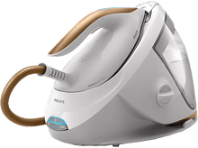 Charger l'image dans la galerie, Fer à repasser Philips PerfectCare 7000 blanc et doré avec un tuyau marron.