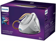Charger l'image dans la galerie, Un fer à repasser blanc et doré avec une boîte noire, avec le logo Philips et les informations sur le produit.