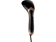 Charger l'image dans la galerie, Un défroisseur Philips noir et doré. Le défroisseur a un grand réservoir d'eau et est vertical.