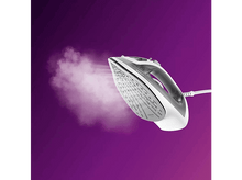 Charger l'image dans la galerie, Un fer à repasser blanc et gris émettant de la vapeur sur fond violet.