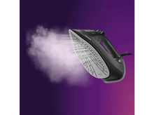 Charger l'image dans la galerie, Un fer à repasser noir et argent avec de la vapeur qui s'échappe, sur un fond dégradé violet et rose.