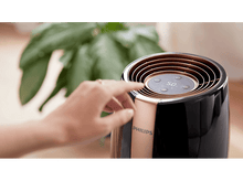 Charger l'image dans la galerie, La main d'une personne touche le panneau de commande d'un purificateur d'air noir et cuivré.