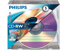 Charger l'image dans la galerie, Lot de 5 CD-RW Philips. CD empilés dans un étui transparent avec un design dégradé. Diverses couleurs.