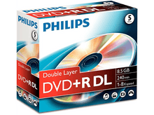 Charger l'image dans la galerie, Boîte Philips DVD+R DL. La boîte montre un DVD avec le texte "Double Layer" et divers icônes et détails techniques.