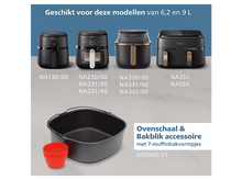 Charger l'image dans la galerie, L'image présente des friteuses à air Philips et des accessoires. Comprend les modèles NA130/00, NA230/00, NA330/00, NA35X et un accessoire de cuisson.