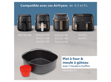 Charger l'image dans la galerie, Une image montre les Airfryers Philips et les accessoires de cuisson. Quatre friteuses sont affichées, ainsi qu'une plaque à pâtisserie et des moules à muffins rouges.