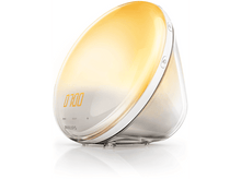 Charger l'image dans la galerie, Réveil blanc Philips. Le haut est jaune, avec des chiffres oranges.