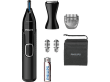 Charger l'image dans la galerie, Tondeuse nasale Philips noire et accessoires : tête de tondeuse, accessoires, pile et pochette.
