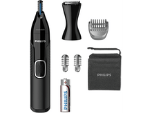 Charger l'image dans la galerie, Tondeuse nasale Philips noire avec accessoires : tête de coupe, deux lames, un sac et une pile.