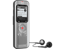 Charger l'image dans la galerie, Un enregistreur vocal numérique VoiceTracer argenté avec écran, boutons et écouteurs.