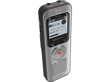 Charger l'image dans la galerie, Enregistreur vocal argenté et noir avec un petit écran et des boutons, face à droite, fond blanc.