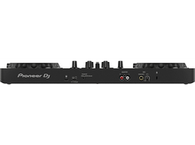 Charger l'image dans la galerie, Contrôleur Pioneer DJ noir. Vue de dessus, montrant les entrées, les sorties et les commandes.