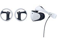 Charger l'image dans la galerie, Un volant de jeu et un casque VR, tous deux blancs et noirs.