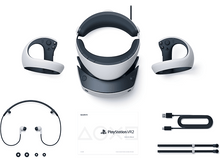 Charger l'image dans la galerie, Casque et contrôleurs VR sur une surface blanche, avec des fils, des écouteurs et un manuel.