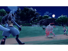 Charger l'image dans la galerie, Scène de combat Pokémon de nuit avec Lucario et Zoroark face à face.