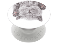 Charger l'image dans la galerie, Un popsocket avec une image de chat gris. Le chat est allongé sur le dos, les pattes en l'air, les yeux fermés. Le fond est blanc.