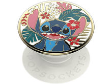 Charger l'image dans la galerie, Un PopSocket Stitch avec design Stitch, entouré de fleurs et feuilles, sur une base blanche.