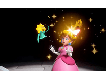 Charger l'image dans la galerie, La princesse Peach réagit avec surprise à une étoile jaune flottant, entourée d'étoiles dorées.