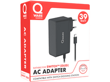 Charger l'image dans la galerie, Un adaptateur secteur Qware en boîte, adapté à une Switch OLED, avec l'adaptateur secteur visible.
