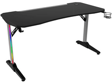 Charger l'image dans la galerie, Bureau de jeu noir avec lumières RVB sur le pied et un porte-gobelet.