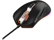 Charger l'image dans la galerie, Souris de jeu noire avec molette orange et rouge et éclairage RVB. QWARE est écrit sur la souris.