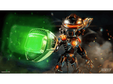 Charger l'image dans la galerie, Robot de Ratchet & Clank, avec une arme à écran vert et en bataille.