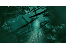 Charger l'image dans la galerie, Une scène sombre sous-marine avec de grandes figures en silhouette et des structures flottantes en forme de plantes en vert.