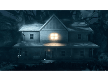 Charger l'image dans la galerie, Une maison effrayante la nuit, avec une fenêtre éclairée et des arbres sombres en arrière-plan.