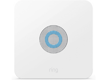Charger l'image dans la galerie, Appareil carré blanc avec un cercle perforé central. Un cercle bleu au centre et le logo Ring en bas.