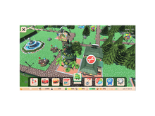 Charger l'image dans la galerie, Vue aérienne d'un jeu vidéo avec des éléments de dessin animé et des options de menu.