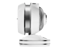 Charger l'image dans la galerie, Ventilateur blanc et argenté, vue en perspective, isolé sur fond noir.