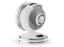 Charger l'image dans la galerie, Un ventilateur de bureau blanc et argenté de forme ronde avec un panneau de contrôle à la base.