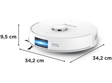 Charger l'image dans la galerie, Un aspirateur robot circulaire blanc avec des dimensions étiquetées, sur fond blanc.