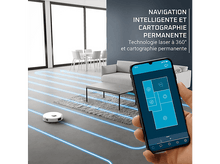 Charger l'image dans la galerie, Robot aspirateur nettoyant une pièce, application sur le téléphone.