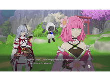 Charger l'image dans la galerie, Scène d'anime : Deux femmes et une créature ovine avec des boîtes de dialogue sur un fond.