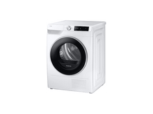 Charger l'image dans la galerie, Un sèche-linge Samsung blanc avec une porte noire et un affichage numérique. Il porte une étiquette de technologie Heatpump.