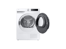 Charger l'image dans la galerie, Un sèche-linge Samsung blanc avec une porte noire ouverte. Le tambour est visible. L'écran numérique affiche les réglages. Isolé sur fond blanc.